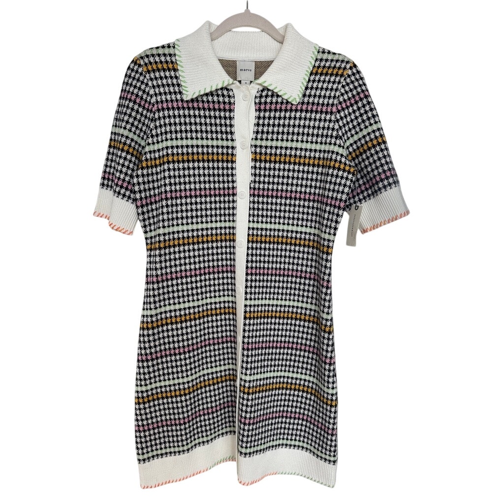 Maeve Colorful Houndstooth Button Front Knit Sweater Shift Mini Dress Medium Nwt